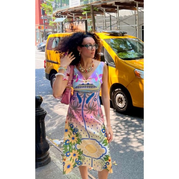 NWT Oceanus Camille Satin Midi Dress Colorful Tropical Floral Small - Picture 4 of 16